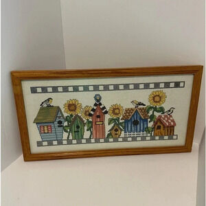 Framed counted, cross, stitch, handmade birdhouse with birds and sunflowers